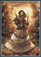 Stamped cross stitch mockup showing a licensed images of a woman in a fantasy costume holding a lantern in an autumnal setting with falling leaves.