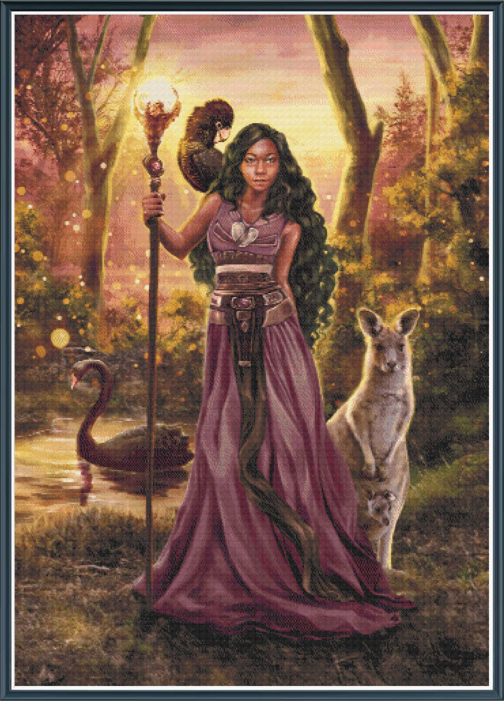 Stamped cross stitch mockup using licensed artwork of a Woman in a purple dress holding a staff, standing next to a kangaroo and swan in a forest setting.