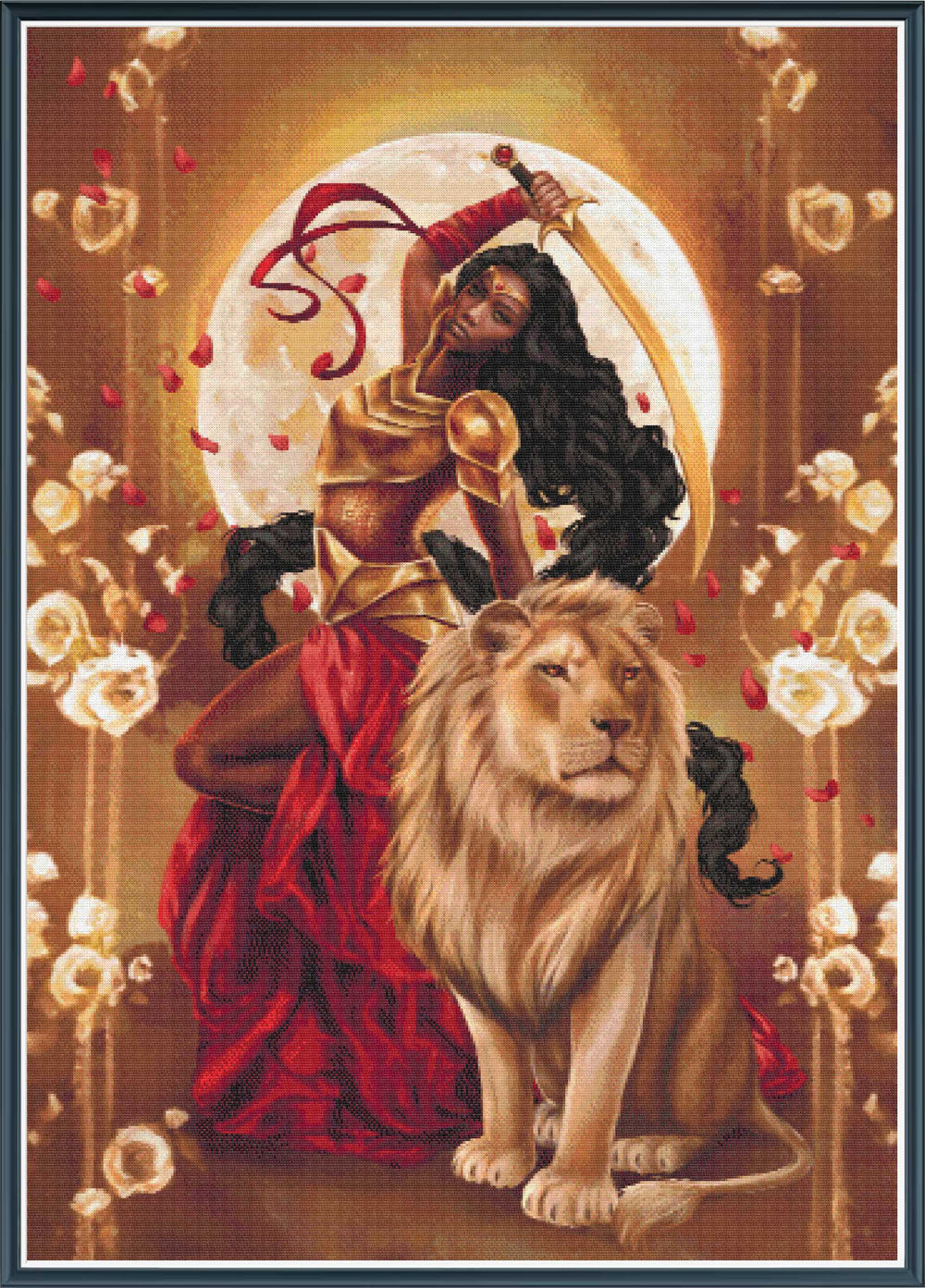 Mock up of a stamped cross stitch kit showing licensed artwork of a Woman in warrior attire with a lion and a moonlit background