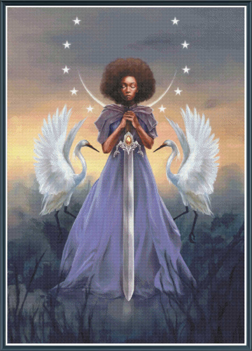 Mock up of a stamped cross stitch kit showing licensed artwork of a Woman holding a sword with two white birds and a crescent moon in the background