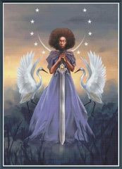 Mock up of a stamped cross stitch kit showing licensed artwork of a Woman holding a sword with two white birds and a crescent moon in the background