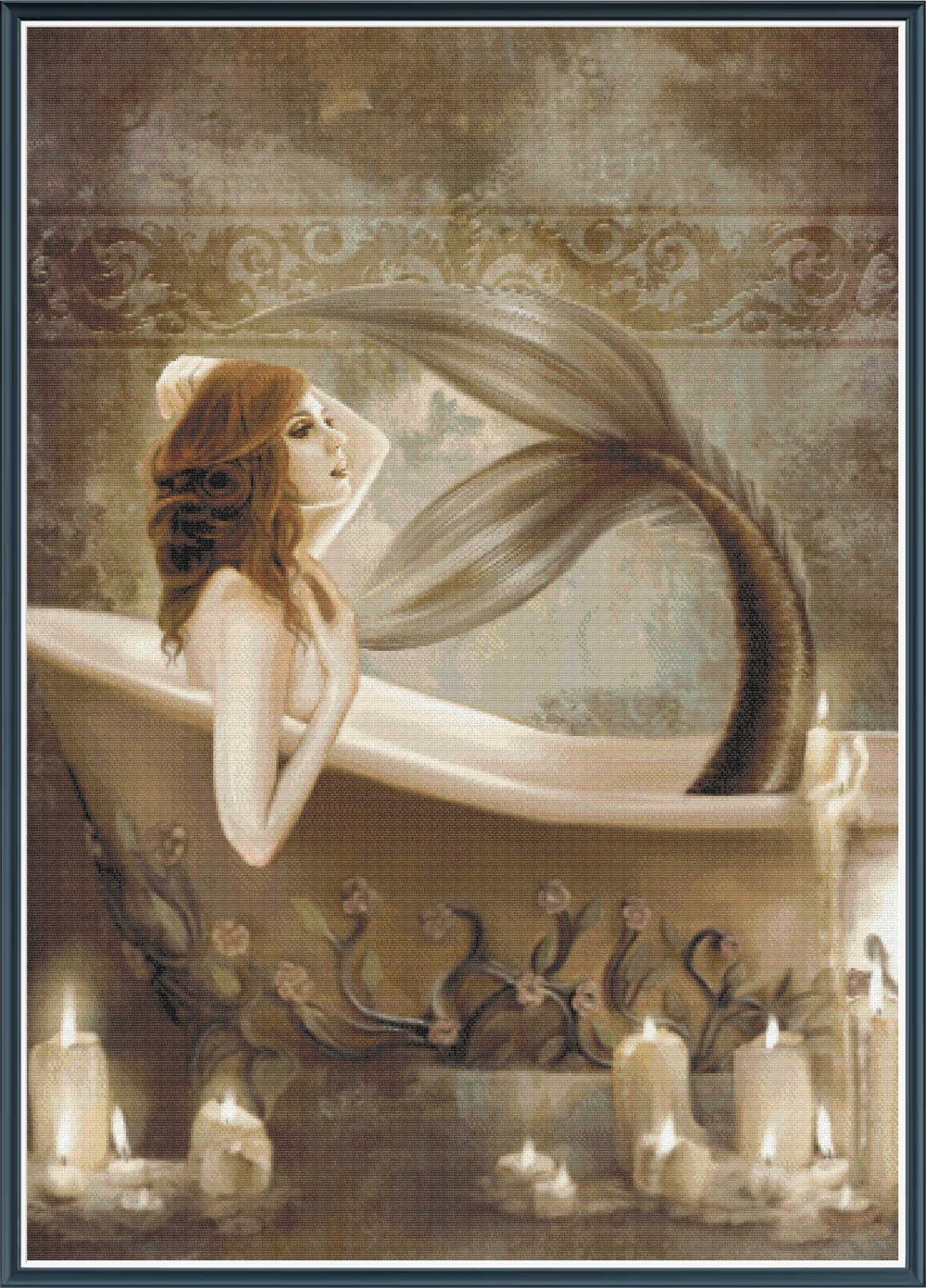 Stamped cross stitch mockup using licensed artwork of a mermaid with long hair in a bathtub surrounded by candles