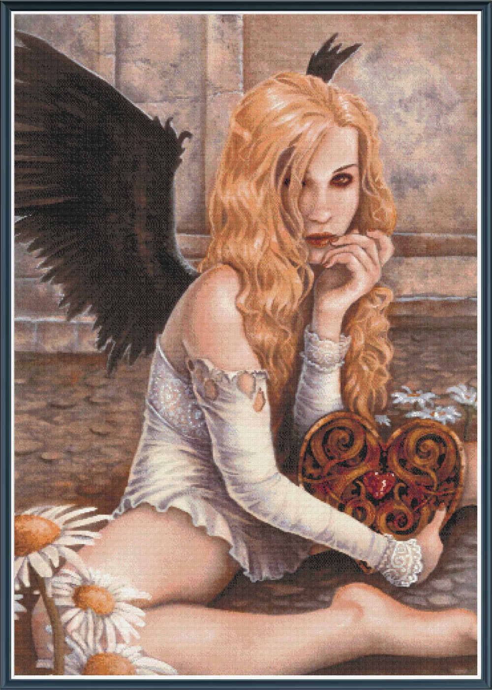 Stamped cross stitch mockup using licensed artwork of a Fairy with black wings holding a basket of flowers in a rustic setting