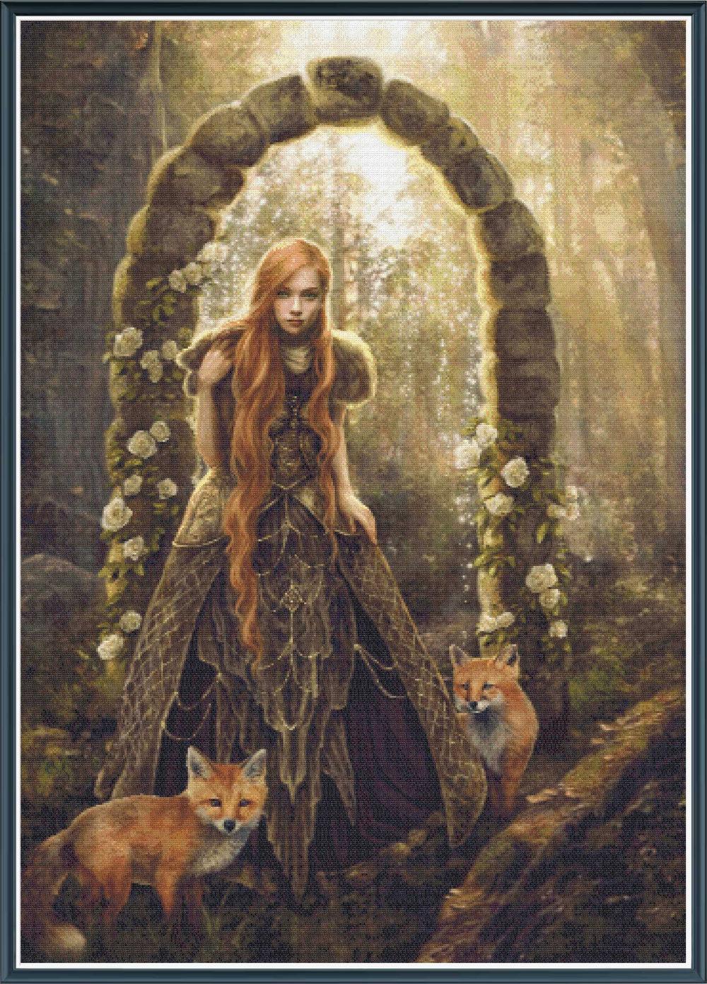 Stamped cross stitch mockup using licensed artwork of a Woman with red hair standing under a stone archway with foxes in a forest setting