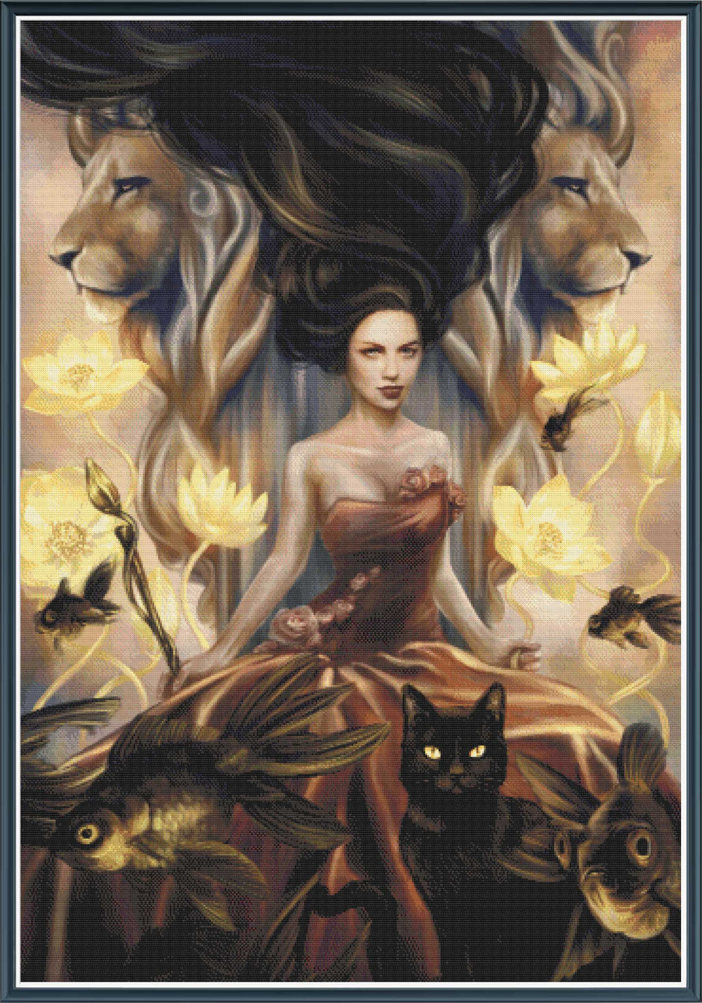 Mock up of a stamped cross stitch kit showing licensed artwork of a woman with lion heads and mystical creatures