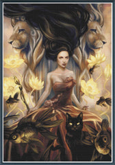 Mock up of a stamped cross stitch kit showing licensed artwork of a woman with lion heads and mystical creatures