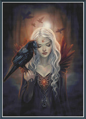Mock up of a stamped cross stitch kit showing licensed artwork of a Fairy with a crow against a dark background
