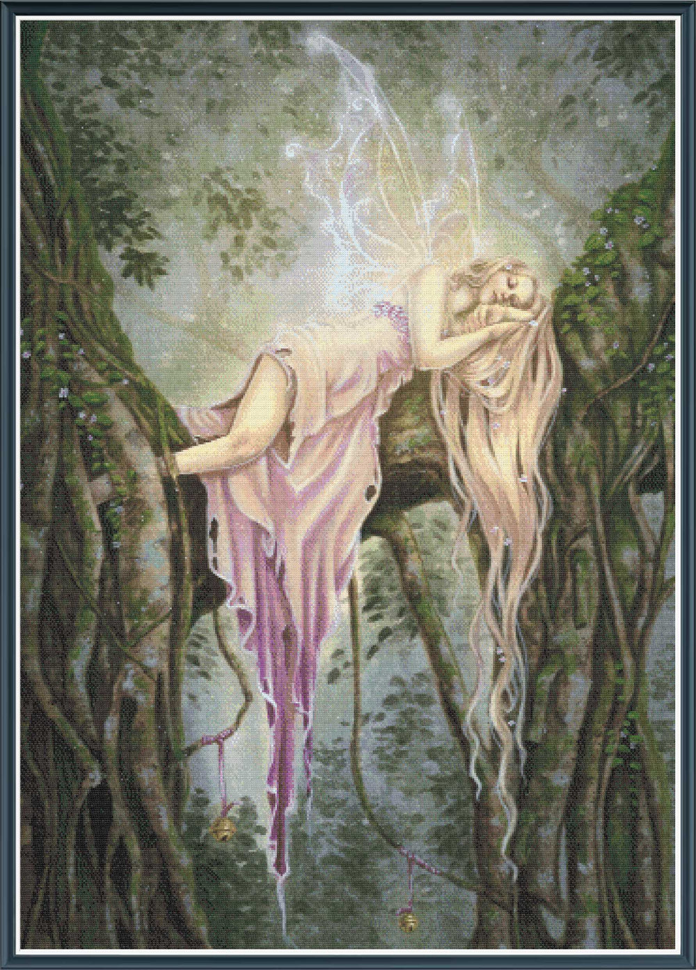 Mock up of a stamped cross stitch kit showing licensed artwork of a Fairy in a forest with long hair and a flowing dress