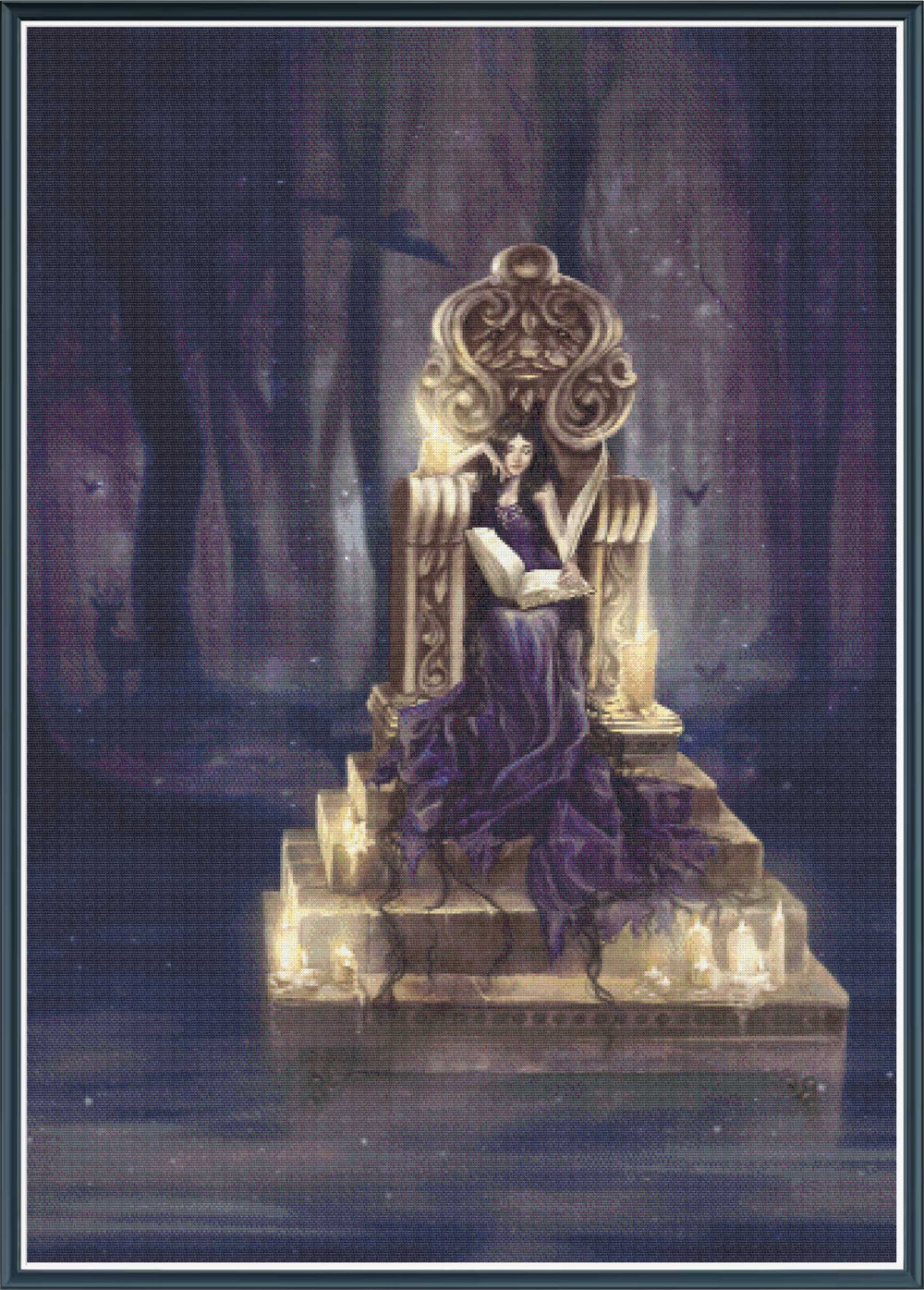 Mock up of a stamped cross stitch kit showing a woman in purple dress sitting on an ornate throne in a dark forest setting