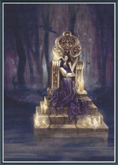 Mock up of a stamped cross stitch kit showing a woman in purple dress sitting on an ornate throne in a dark forest setting