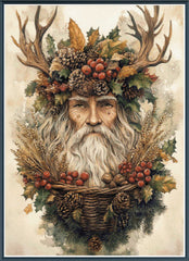 Stamped cross stitch design of a bearded figure with antlers and nature elements on a textured background