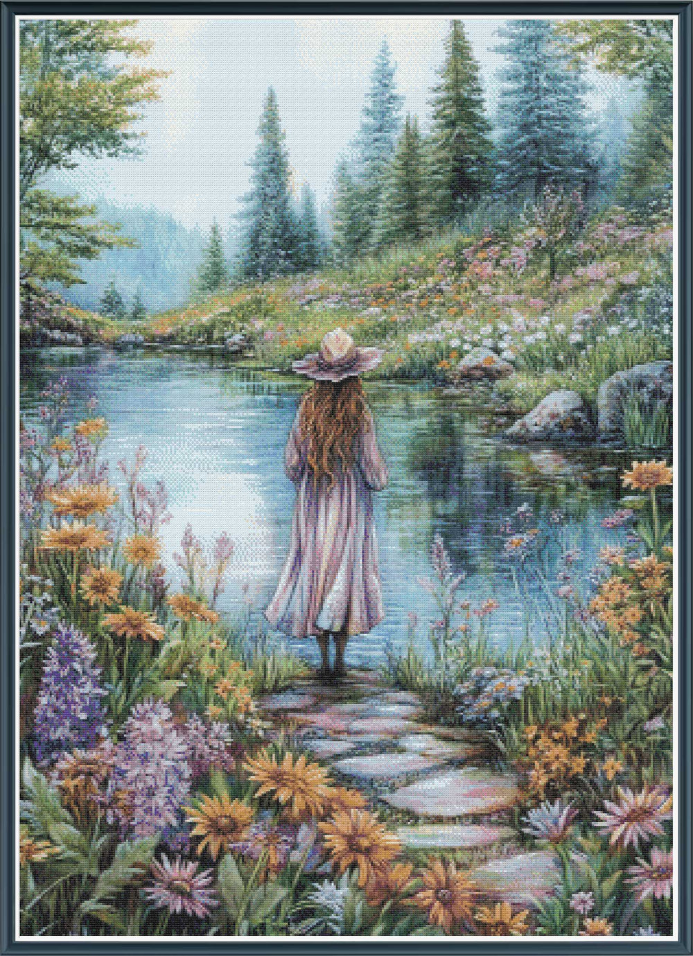 Stamped cross stitch design of a Woman in a pink dress standing on a path by a lake with flowers and trees in the background
