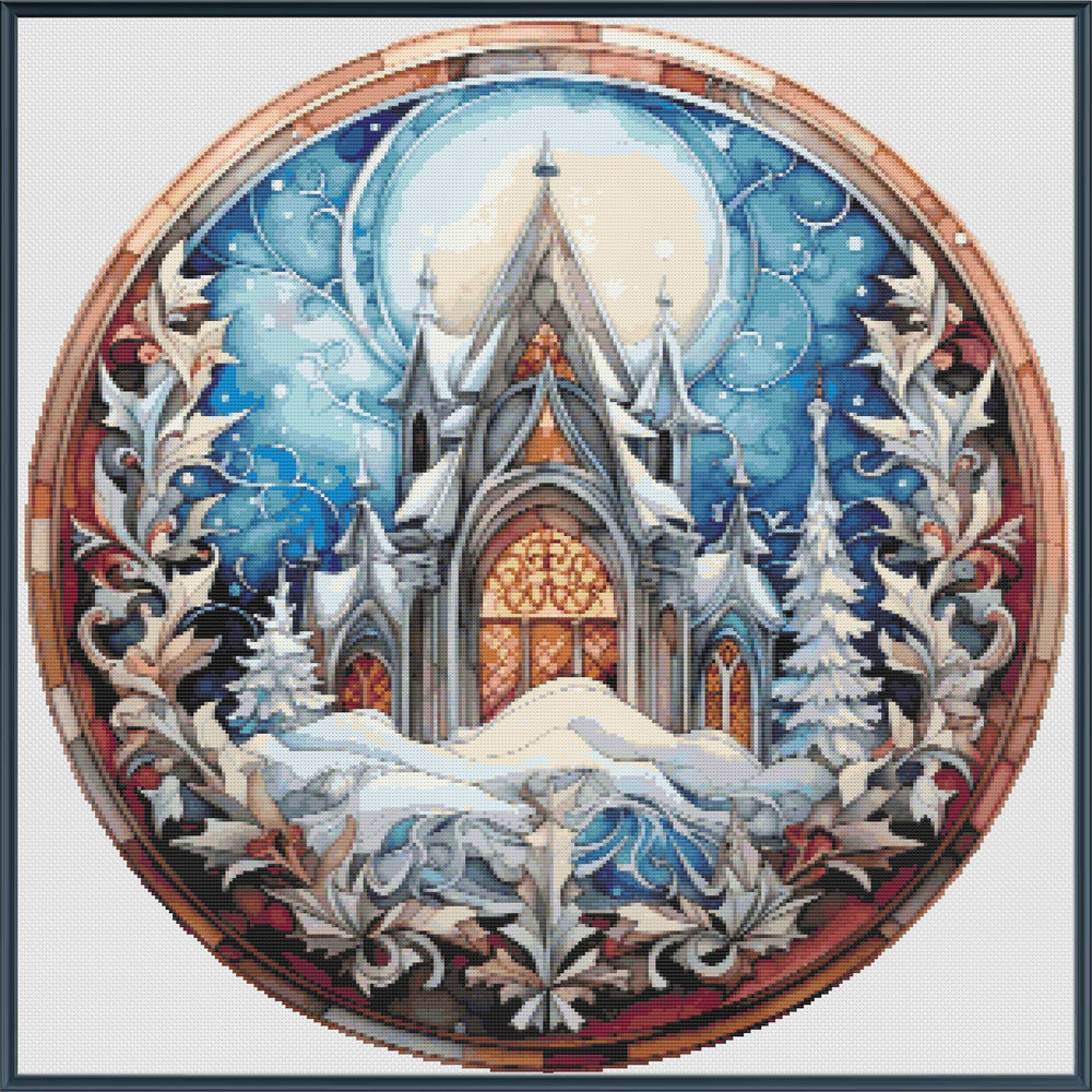 Decorative circular design with a snowy castle and intricate patterns