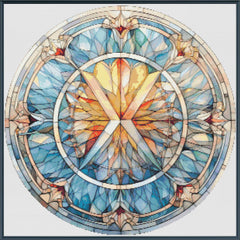 Stained glass design with a circular pattern featuring blue, yellow, and red colors.