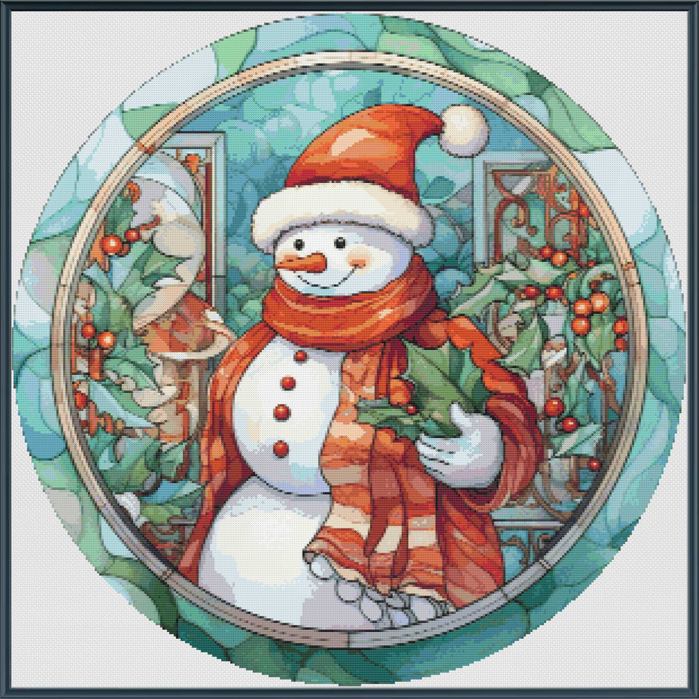 Decorative image of a snowman with a red hat and scarf, holding holly, framed by a decorative border.
