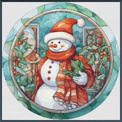 Decorative image of a snowman with a red hat and scarf, holding holly, framed by a decorative border.