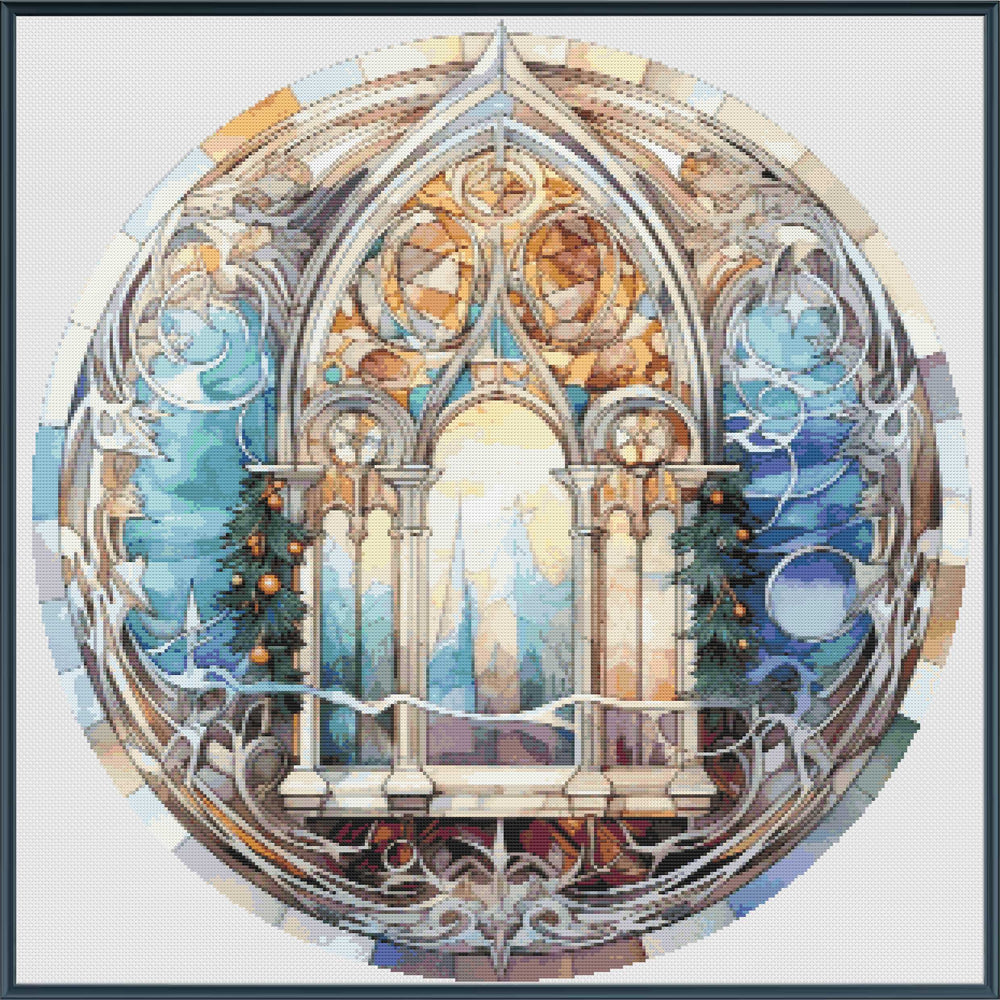 Decorative stained glass window design with intricate patterns and a central arch.