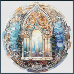 Decorative stained glass window design with intricate patterns and a central arch.