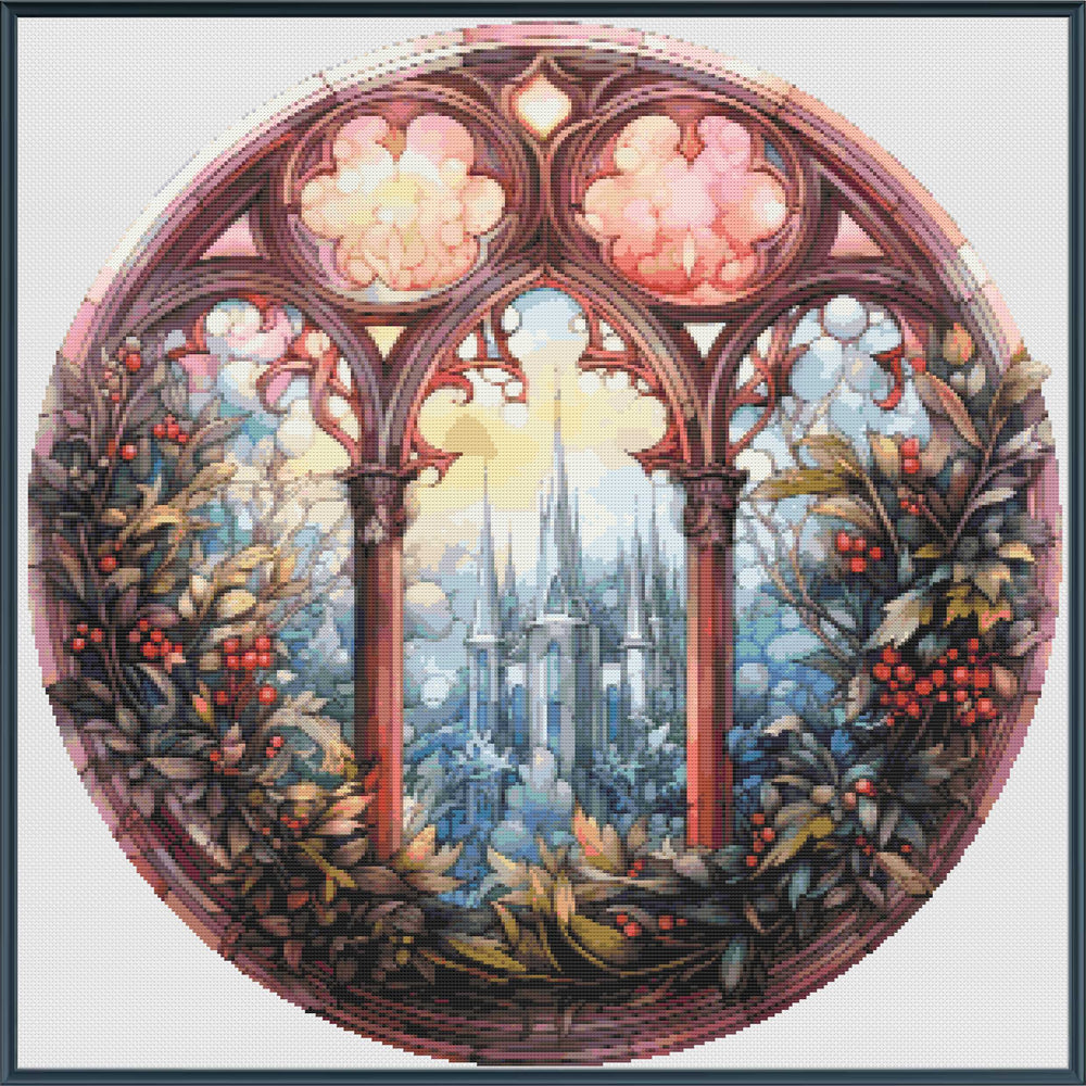 Decorative design with stained glass window and fantasy castle