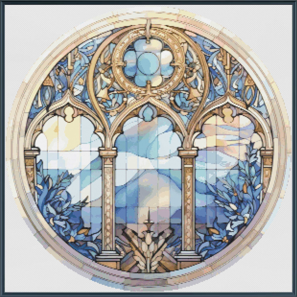 Stained glass window design with blue and gold colors