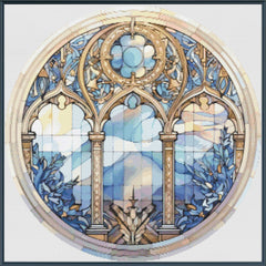 Stained glass window design with blue and gold colors