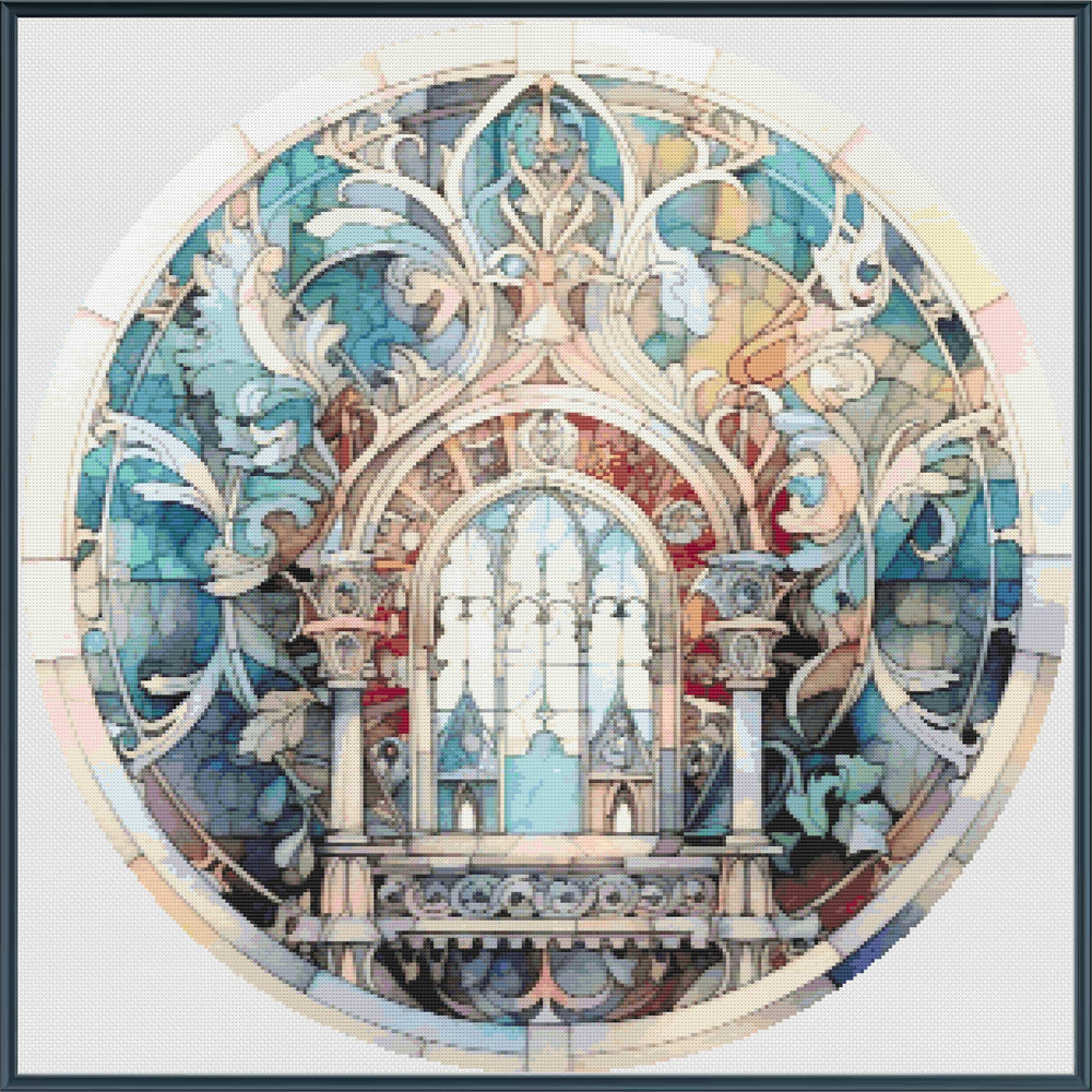 Decorative stained glass window design with intricate patterns and arches.