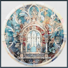 Decorative stained glass window design with intricate patterns and arches.