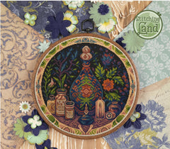 Stamped cross stitch design of jars and herbs