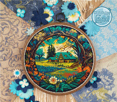 Stamped cross stitch design of a colorful landscape design surrounded by decorative flowers on a patterned background.