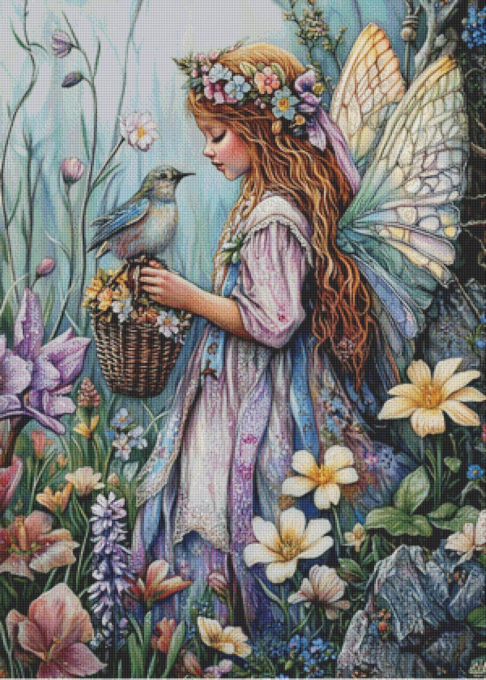 Fairy with butterfly wings holding a basket of flowers in a garden setting