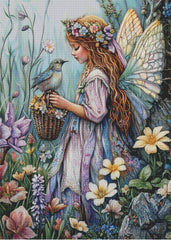 Fairy with butterfly wings holding a basket of flowers in a garden setting