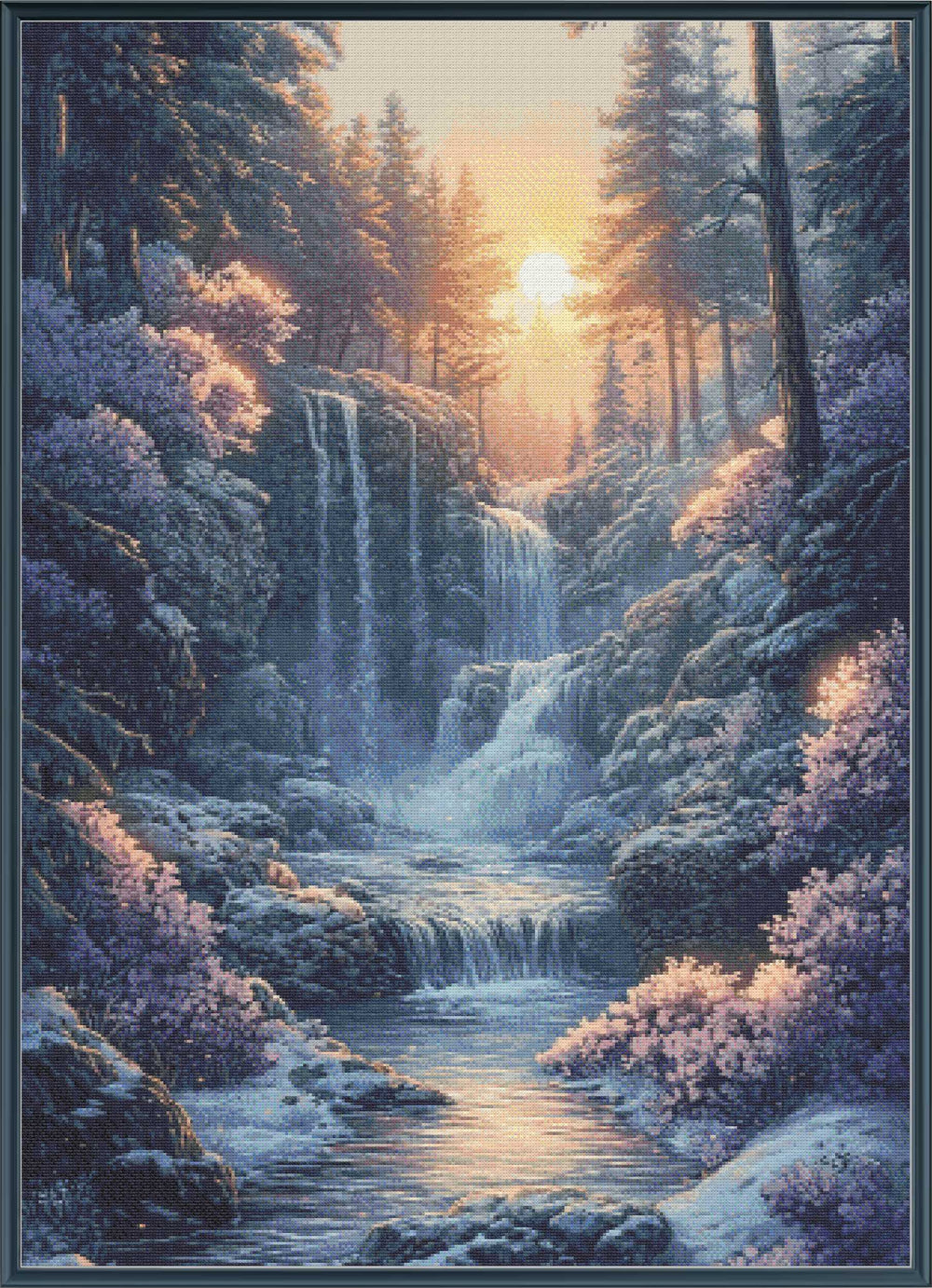 Stamped cross stitch of a serene forest scene with a waterfall and sunset.