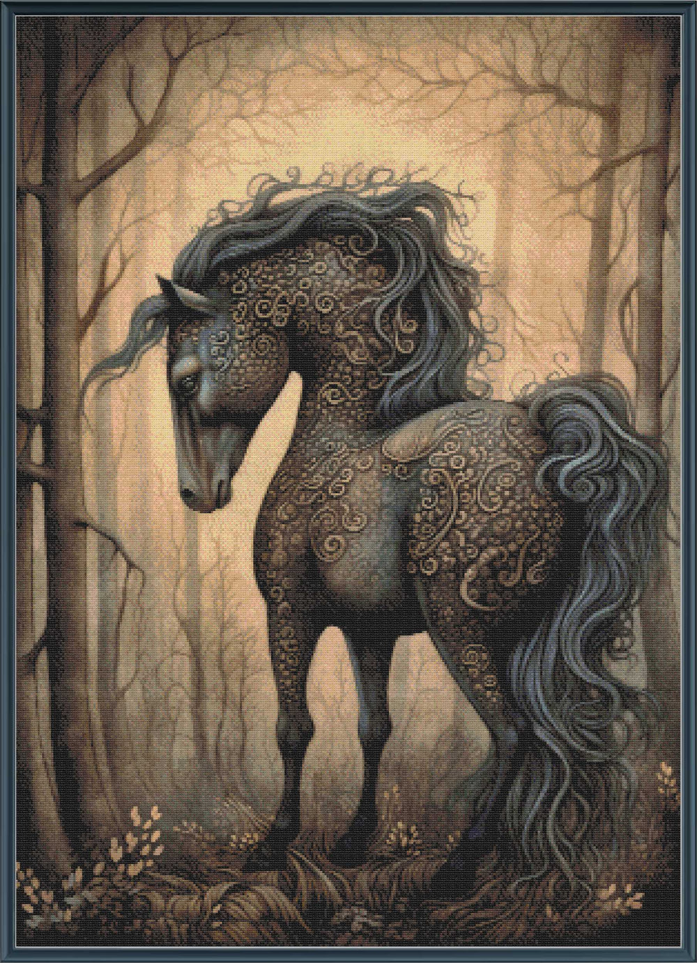 Decorative panel with a stylized horse in a forest setting