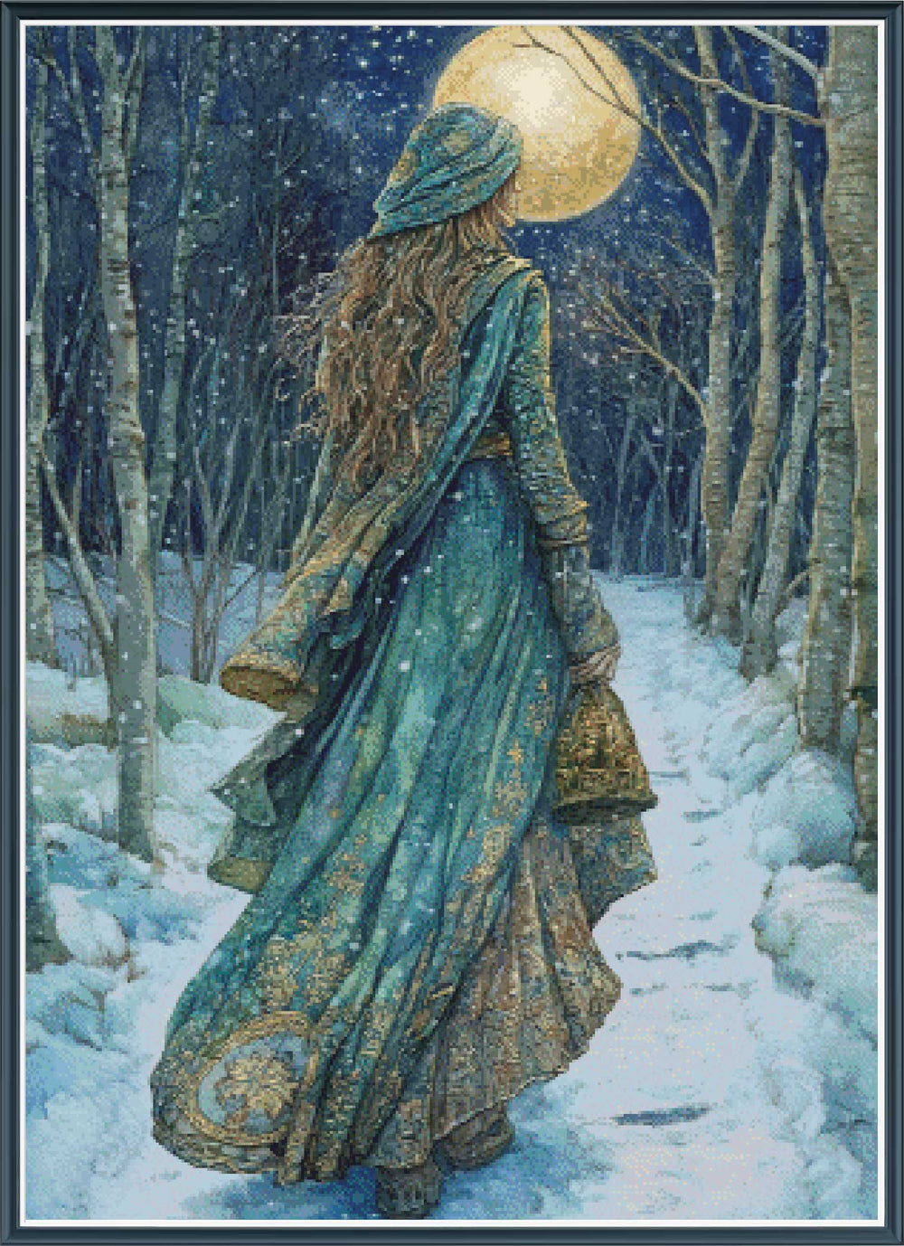 Stamped cross stitch design of a Woman in a long, flowing dress walking through a snowy forest under a full moon.