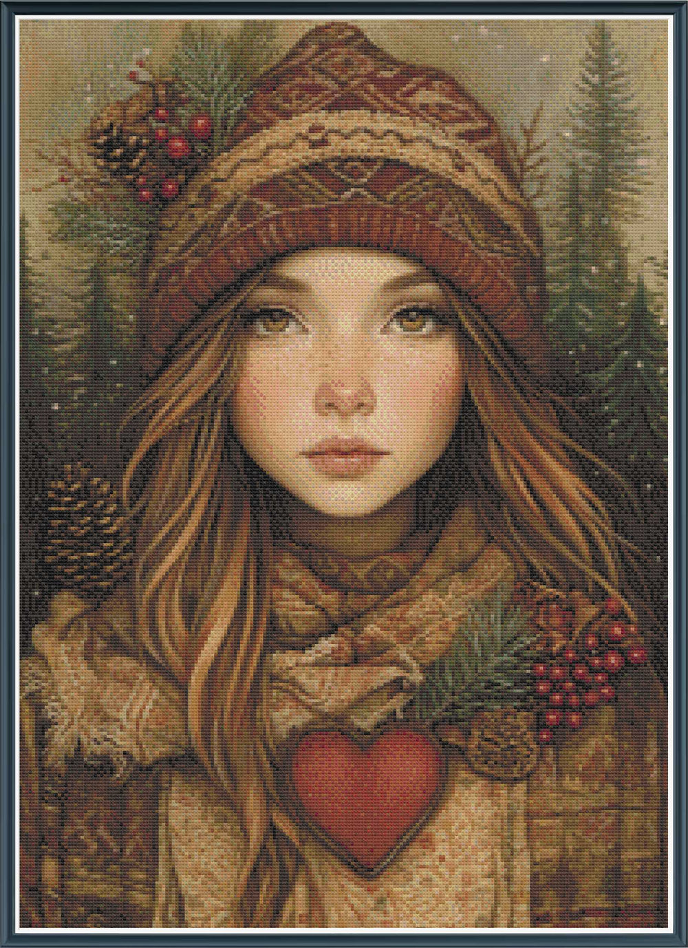 Illustration of a woman in winter clothing with a heart pendant, surrounded by nature elements.