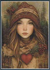 Illustration of a woman in winter clothing with a heart pendant, surrounded by nature elements.