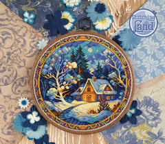 Stamped cross stitch design of a snowy landscape with a cabin, surrounded by decorative flowers and 'Stitching Land' branding.