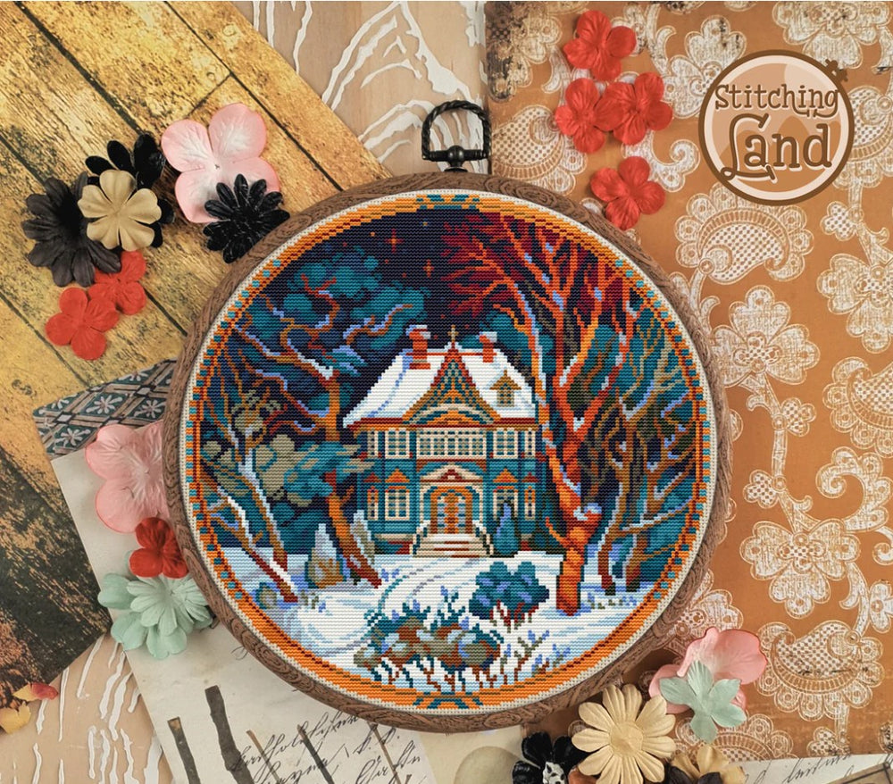 Stamped cross stitch design of a Embroidery hoop with a winter scene design surrounded by decorative flowers on a textured background.