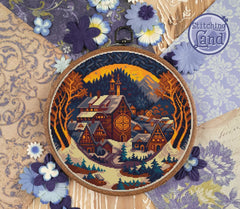 Mockup of a stamped cross stitch showing a Embroidery hoop with a winter village scene surrounded by decorative flowers and 'Stitching Land' branding.