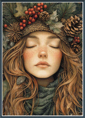 Stamped cross stitch design of a woman with long hair and a wreath of pine cones and berries on her head.