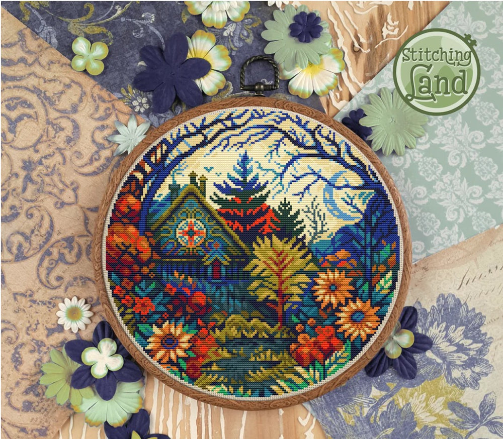 Stamped cross stitch design of a colorful floral and nature design, surrounded by decorative flowers and patterns.