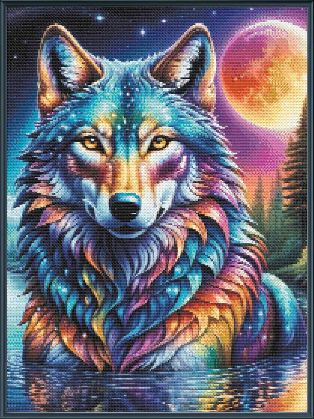 Colorful wolf illustration with a moonlit forest background