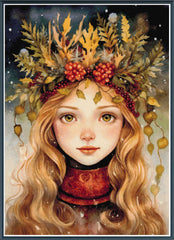 Stamped cross stitch design of a woman with a wreath of autumn leaves and berries on her head.