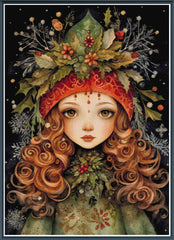 Stamped cross stitch design of a woman with curly hair and a decorative headpiece against a starry night sky.