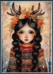 Stamped cross stitch design of a woman with long dark hair wearing a floral and antler headpiece, set against a winter landscape.