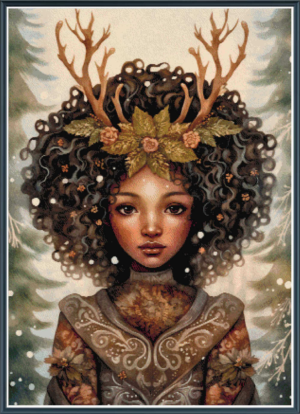 Stamped cross stitch design of a woman with antlers and floral decorations in a forest setting