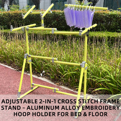2-in-1 Adjustable Aluminum Alloy Cross Stitch Stand – Floor & Bed Use, Height 21.65–39.37 inches (55–100cm), Angle 90–180°, Width 19.69–32.28 inches (50–82cm), Heavy Duty Embroidery Frame for Chair, Sofa, or Bed