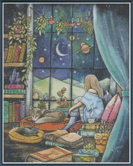 Kat Fedora’s Nightfall, showing a woman beside a moonlit window, surrounded by books, plants and sleeping cats in a cosy reading nook.
