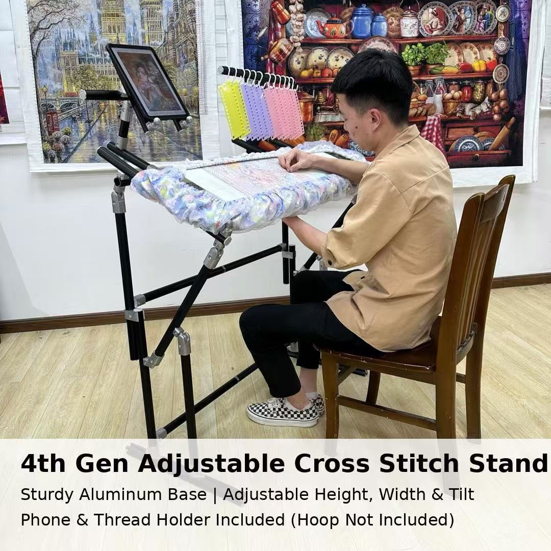 4th Gen Adjustable Cross Stitch Stand – Sturdy Aluminum Base with Height, Width & Tilt Adjustment | Phone & Thread Holder Included | Suitable for small, medium, and large scroll frames (scroll frame not included)