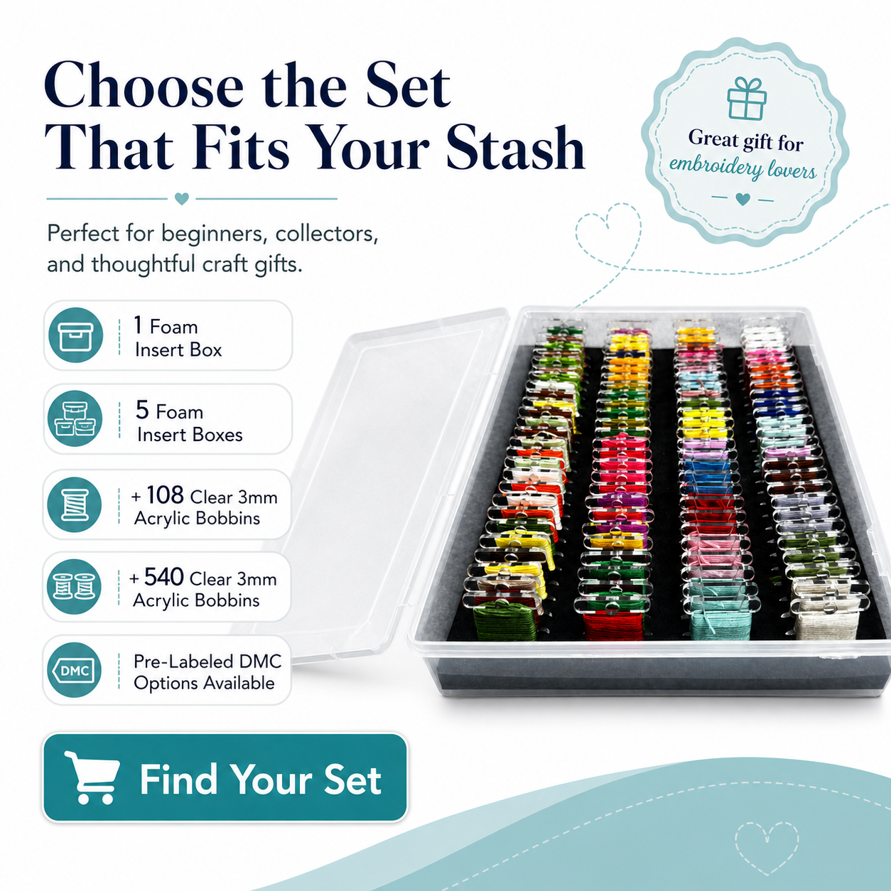 Embroidery Floss Storage Box - Fits 3mm Acrylic Bobbins (108/540)  | Foam Insert Craft Storage for Embroidery Crafters